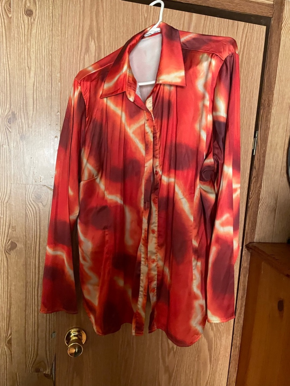 Fashion Nova Red and Cream Satin Button-Up Shirt